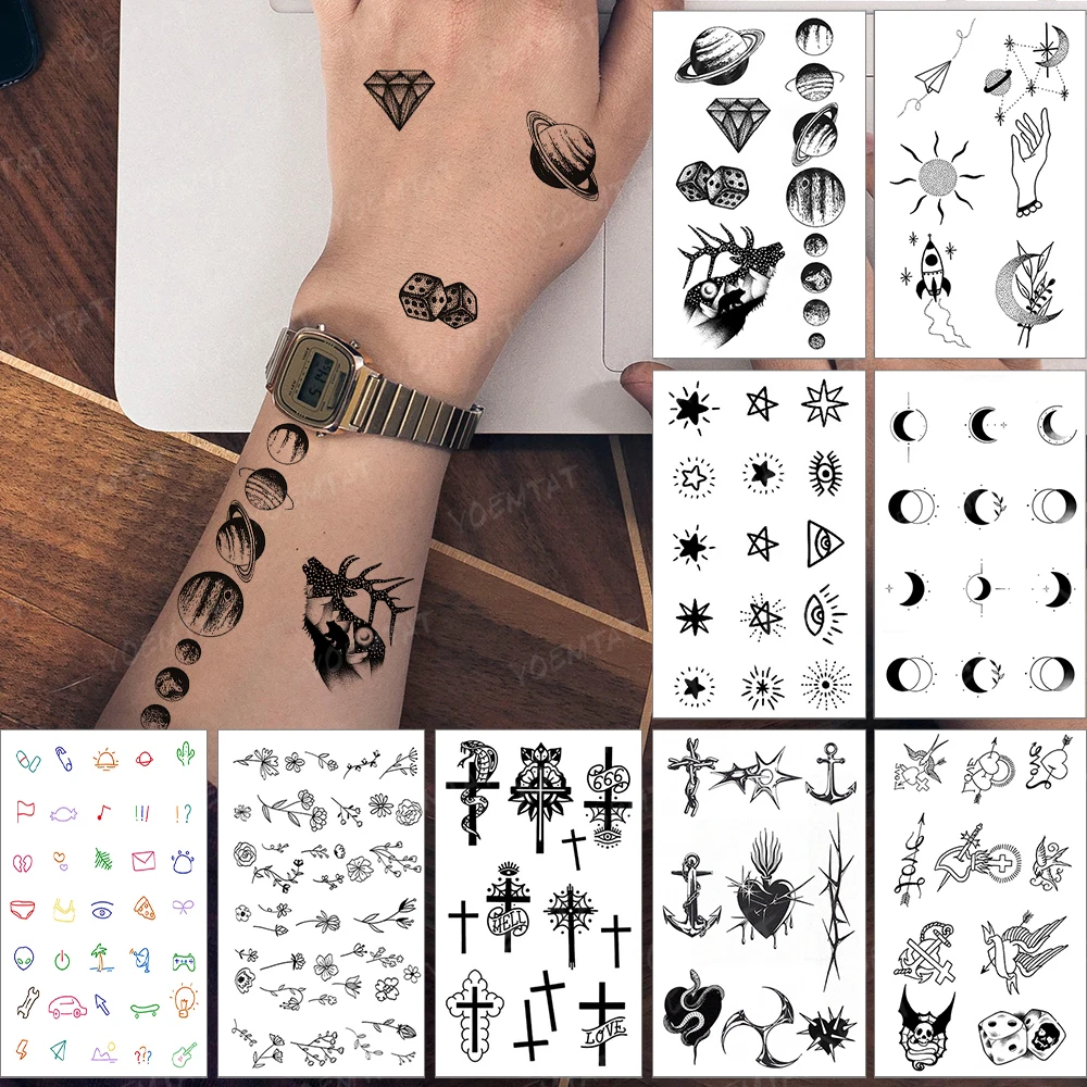 

Waterproof Temporary Tattoo Sticker Diamond Planet Moon Black Tatto Finger Arm Fake Tatoo Woman Man Child Flash Tattoos