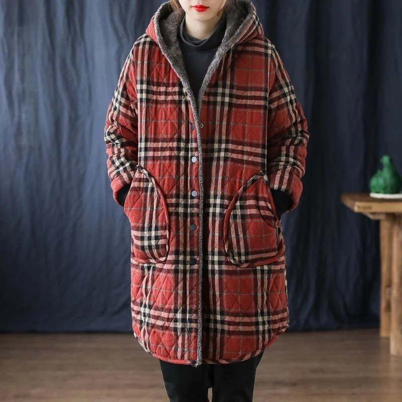 

Winter Women Warm Thickening Plush Mid Long Coat Lady Thin Lattice Jacket Female Plus Size Plaid Outwear Hooded Tops Clothes