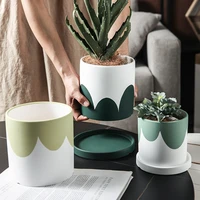 home decor nordic round hand paint lace ceramic flower pot cactus succulent light luxury green plant flower pot with tray