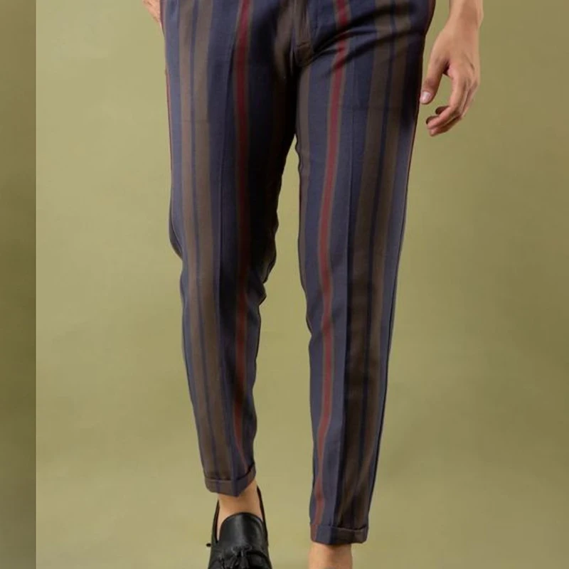 

Men Casual Autumn Slim Straight Pants 2021 Fashion Mens Mid Waist Drawstring Pants Vintage Striped Print Long Trouser Streetwear