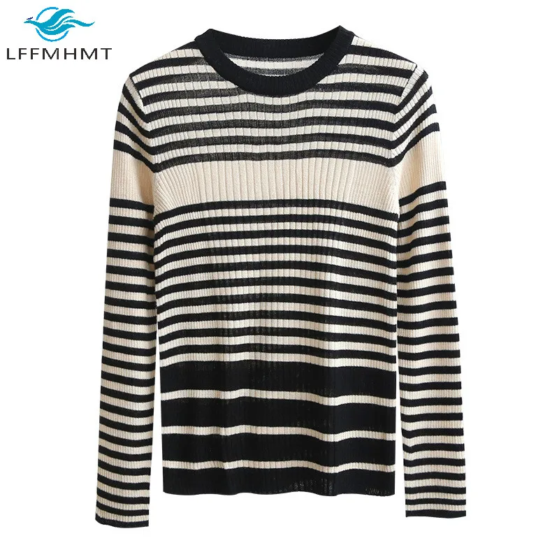 

Women Winter New Tencel Wool Comfortable Fashion Striped Knitted Sweater Office Lady Korea Style Slim Pullover Bottoming Sweater