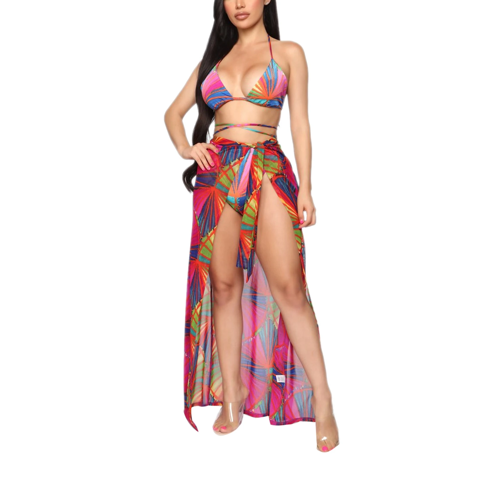 

Women’s Colorful Printed Bikini Suit, Split Style Open Neck Drawstring Halter Tops with Triangle Bottoms