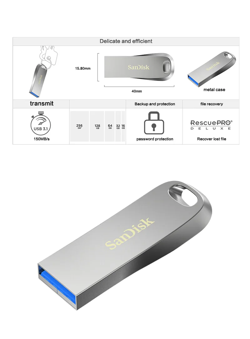 Флеш-накопитель SanDisk 64Гб USB3.1, флеш-накопитель 128 ГБ, 32 ГБ, карта памяти 256 ГБ, мини металлический USB ключ для ноутбука/планшета/автомобиля/ПК, 150 МБ/с./с, CZ74