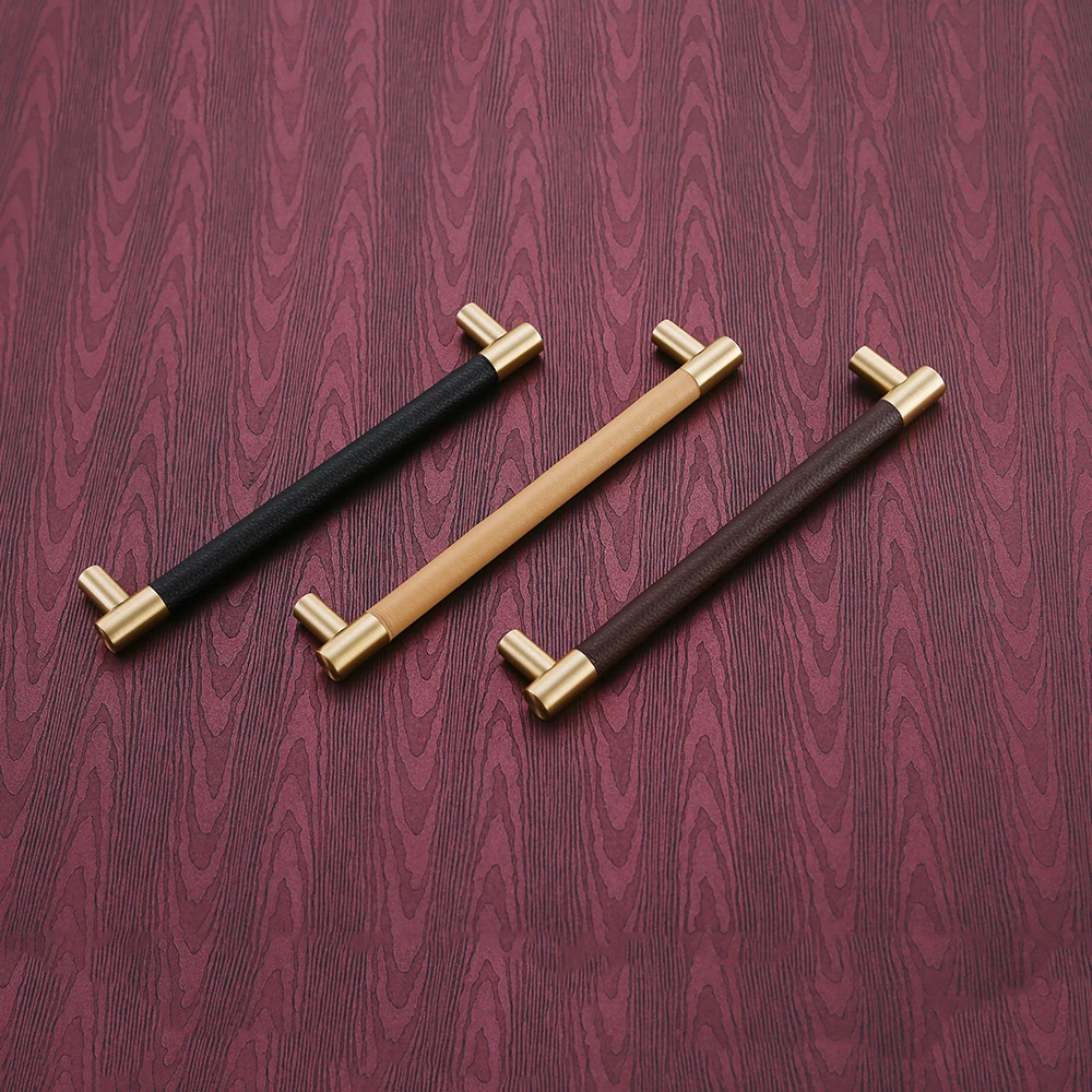 1 шт. твердая медь с кожаными ручками для шкафа фурнитура ручки кухонной двери