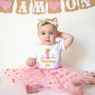 Платье на первый день рождения для маленьких девочек, праздничное платье на день рождения, милое розовое платье-пачка + комбинезон, наряды, летняя одежда для маленьких девочек, комбинезон