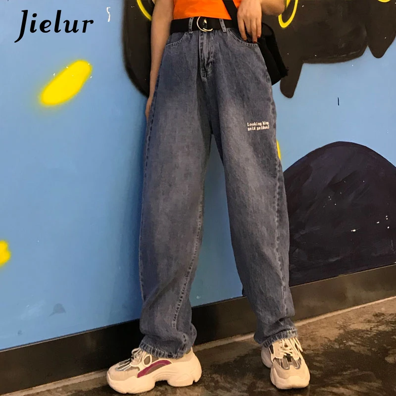

Jielur Loose Woman Jeans Autumn Print Pocket Jean Pants Women Chic Slim Solid Color S-5XL Black Denim Trousers Chic Femme Jeans