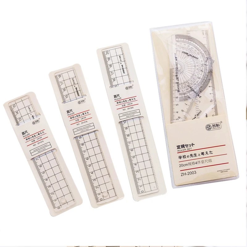 

4pcs Grid Ruler Transparent Plastic Ruler School Student Protractor Office Learn Stationery Drawing School Supplies Kids Gift