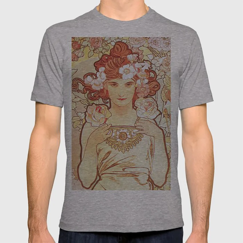 Rose by Alphonse Mucha 1897 Винтажная Футболка для девочки с красными волосами цветочный