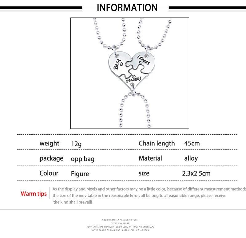 3 Pieces / Set Fashion Best Friends Forever Heart Shaped Pendant Unisex Necklace Commemorative Friendship Gift Dropshipping BFF