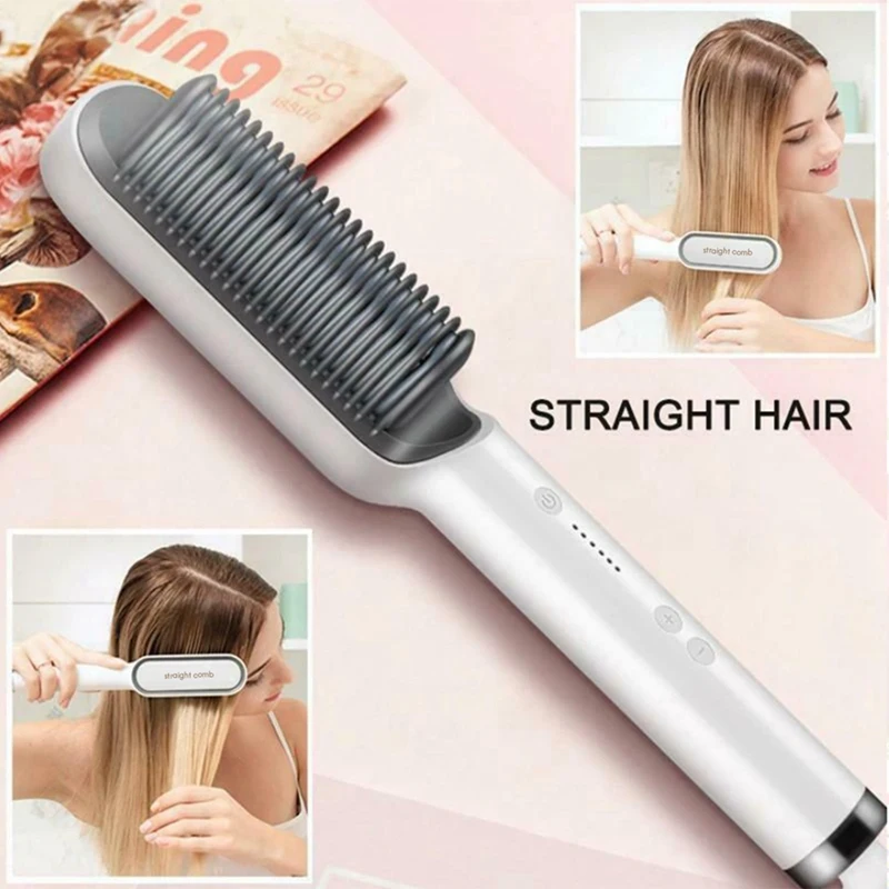 

Straightening Heating Combs Men Beard Hair Straightener Ceramic Curler Professional Heated Comb Electric Hair Brush