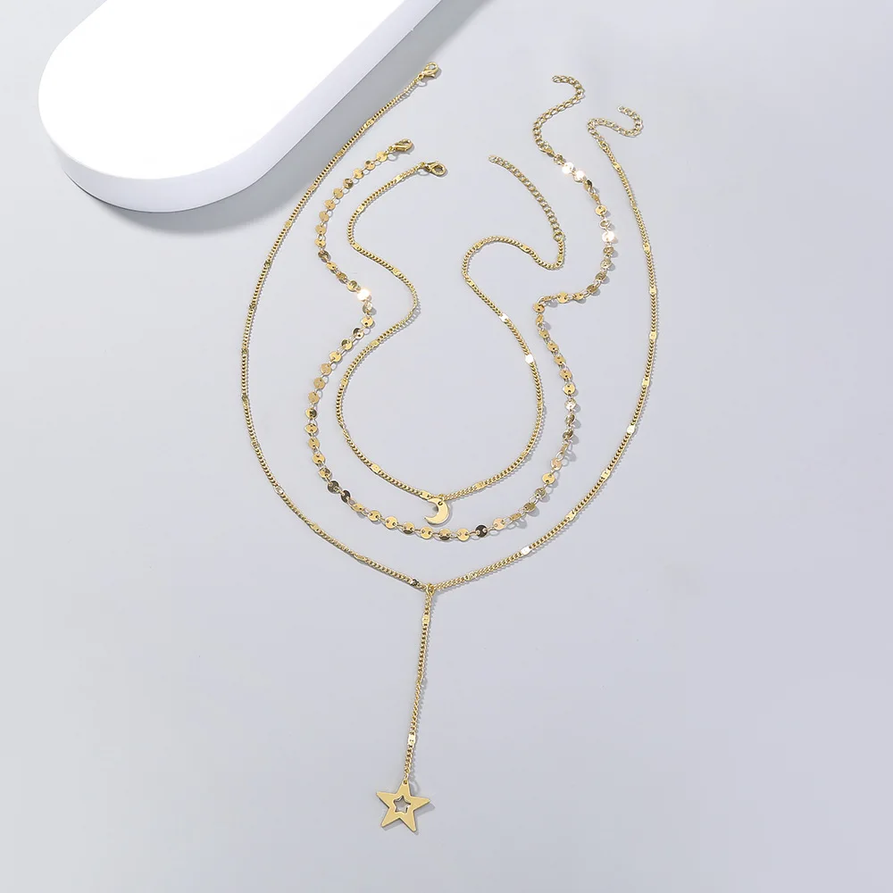 

2022 Gold Tone Newest Fashion Trendy Pearls Beaded Moon Star Charms Link Chains Choker Layers Necklaces for Women