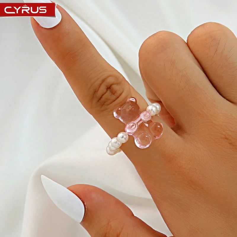 

Cute Bear Acrylic Resin Rings for Women Colorful Transparent Animal Ring Girls Elegant Beaded Pearl Finger Jewelry Friend Gifts