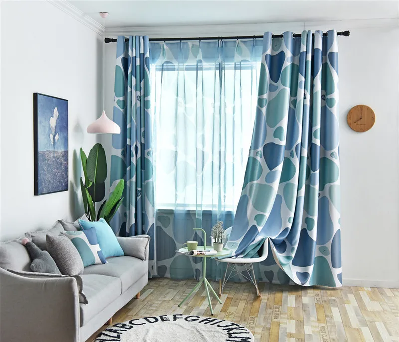 Blue Cobblestone Printed Curtains Shading Fabrics for Living Room Modern Yellow Blackout Curtains Water Ripple Curtain WP419#20