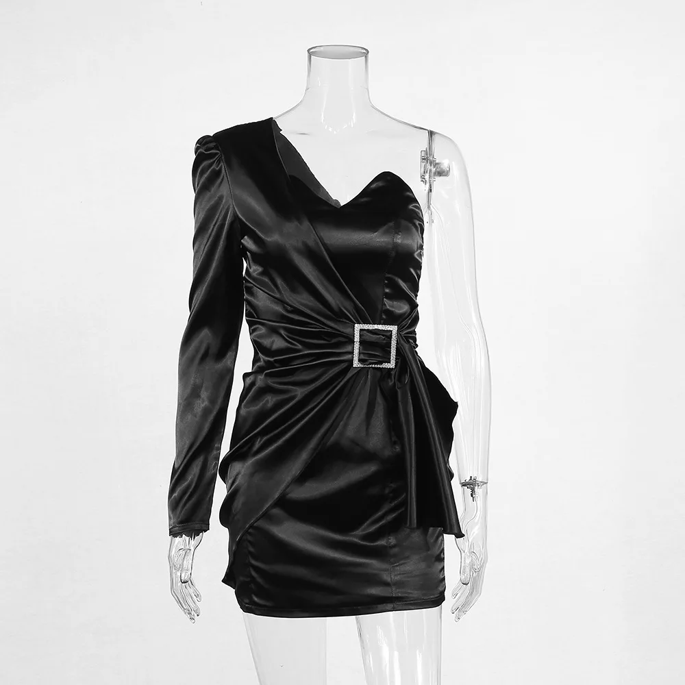 Сексуальное платье на одно плечо вечерние Для женщин тонкий пояс Длинные рукава V