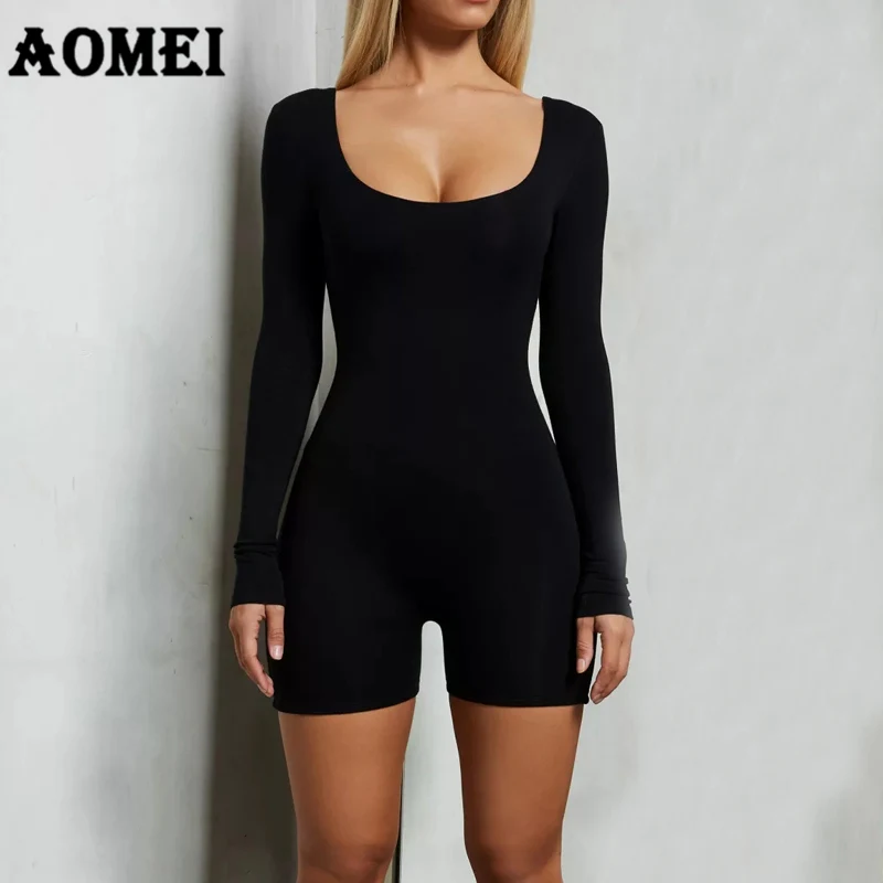 Для женщин боди комбинезон узкие длинные рукава черное сексуальное эластичное облегающее фигуру платье
