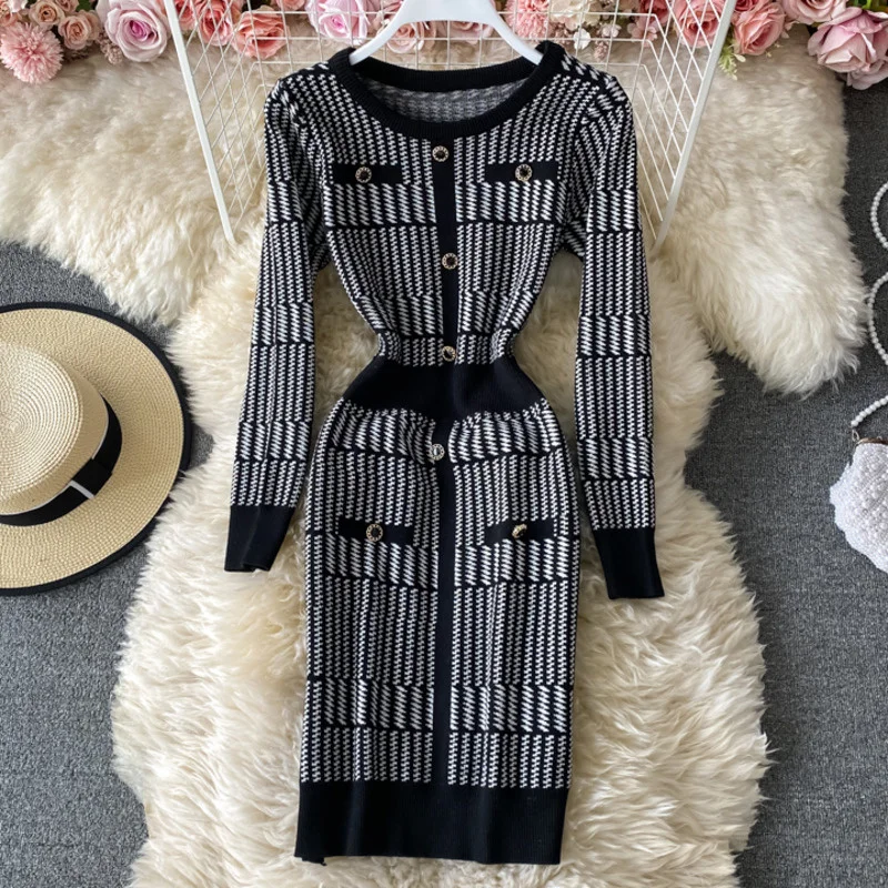 

Autumn Winter Pacthwork Houndstooth Jacquard Work Wear Ol Knit Mini Dress Women Long Sleeve Slim Sheath Bodycon Sweater Dress