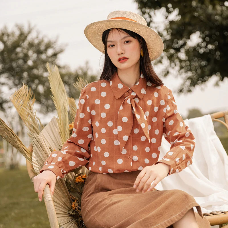 INMAN/весенне-осенняя модная свободная хлопковая блузка в горошек во французском