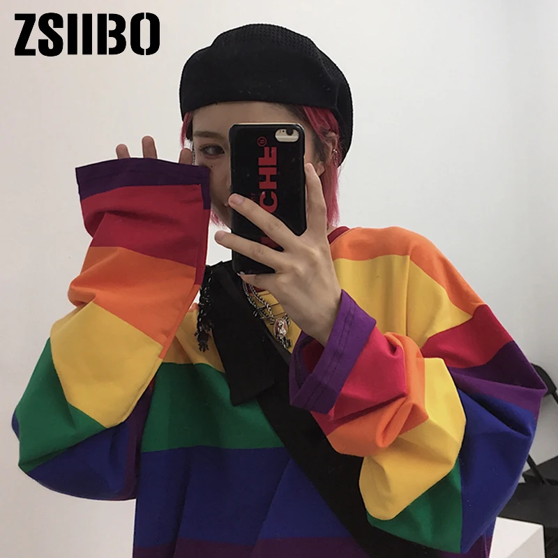 

Fashion Hoodie Women Rainbow Striped Tops Harajuku hoodey 2019 autumn Long Sleeve Korean Punk sweatshirt female Clothes
