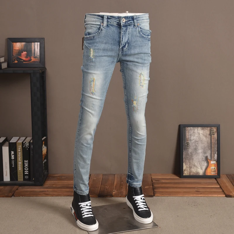 Men Blue Jeans Fashion Embroidery Cotton Slim Fit Pants Streetwear Ripped Stretch Denim Trousers