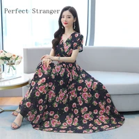 2021 summer new arrival m 4xl korean v collar flower printed short sleeve dress for women chiffon long dress