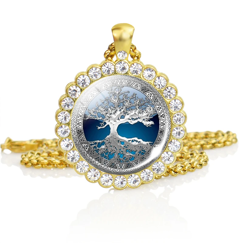 

Tree of Life Necklace Men Women Fashion Rhinestone Glass Necklace Pendant with Gold Plated Chain Life Tree Jewelry