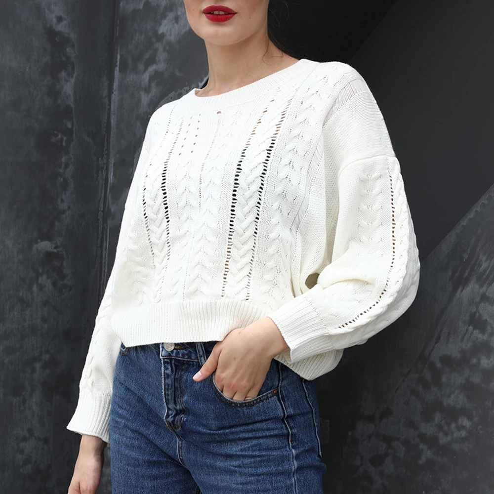 Women Knitted White Sweaters Casual Long Sleeve Twist Pullover Sweater Solid Loose Jumpers Knitwear Fashion Fall Winter Clothes | Женская