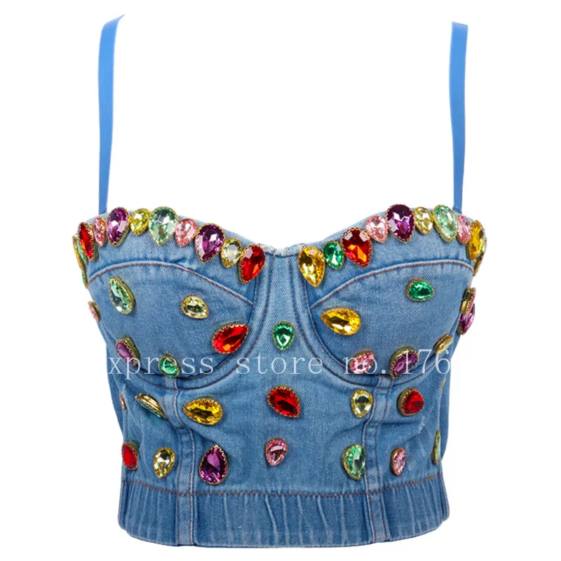 

girls sexy bras Leah 2021 good quality USA/Europe web celebrity jean denim colorful diamond A52# For fashion girls wear outside