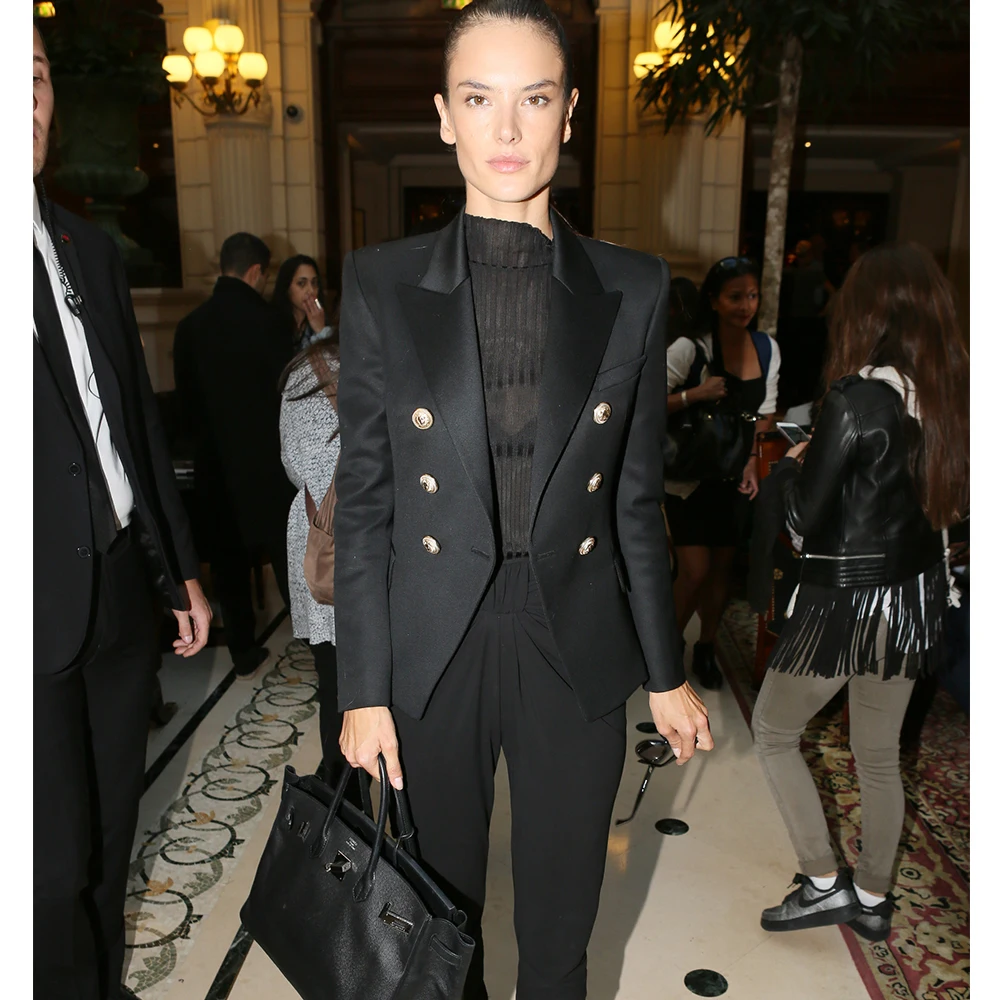 Женский двубортный Блейзер приталенный жакет черного и золотого цвета на