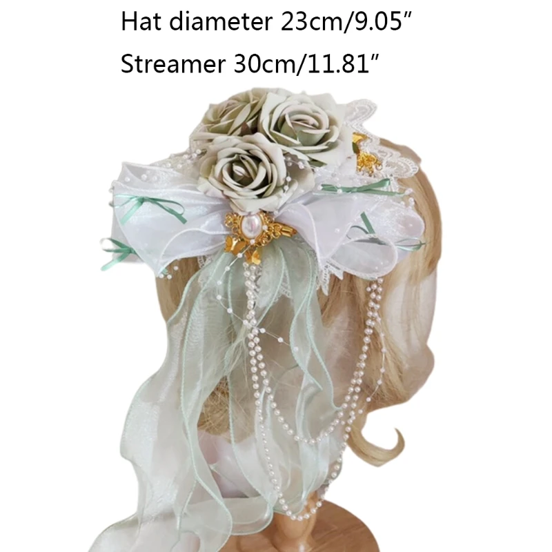 

Women Girls Sweet Lace Bonnet Top Hat Rose Flower Ribbon Tassels Pearl Chain Flat Cap Anime Kawaii Side Hair Clip Cosplay Decor