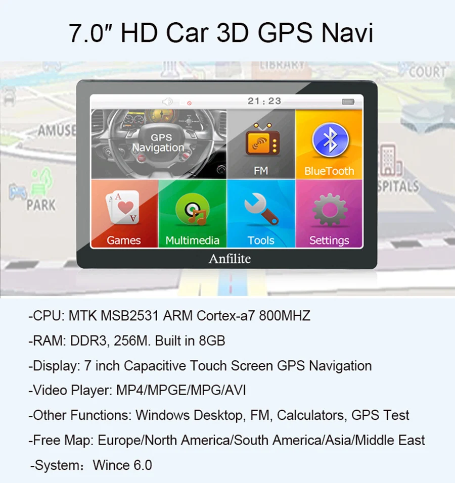 Anfilite Портативный 7 дюймов кемпинг автомобиль/грузовик/автомобиль gps навигация 8 ГБ+ 256 м Bluetooth Sat Nav США Россия Европа 3D карты навигатор