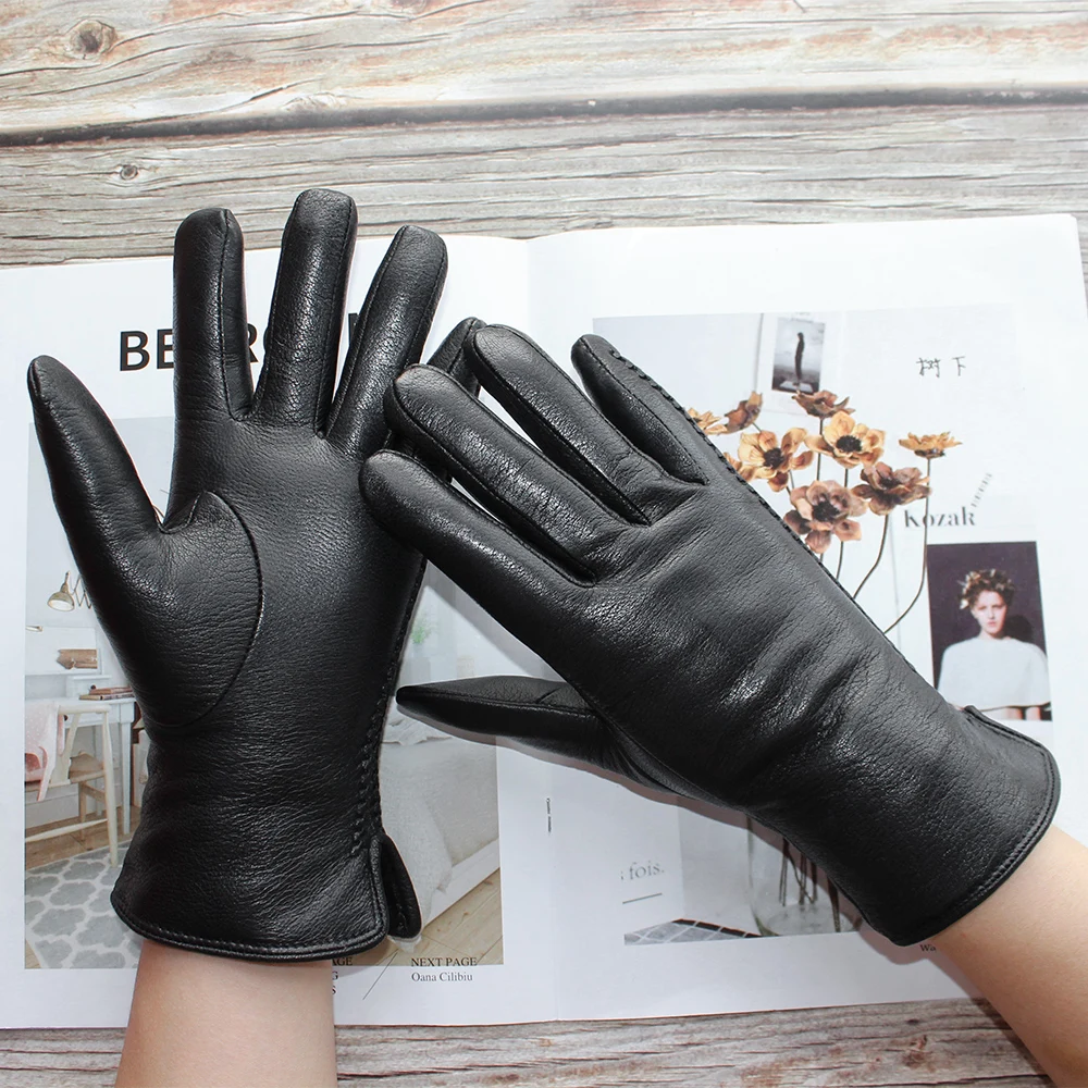Новые женские черные перчатки из оленьей кожи зимние теплые натуральной с