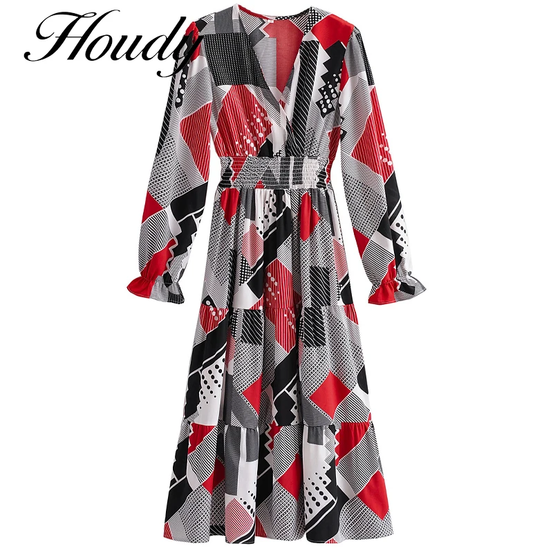 

New Product Women's V-Neck Red And Black Color Matching Stitching Dress With Three-Quarter Sleeves Slim Fashion Women's Clothing