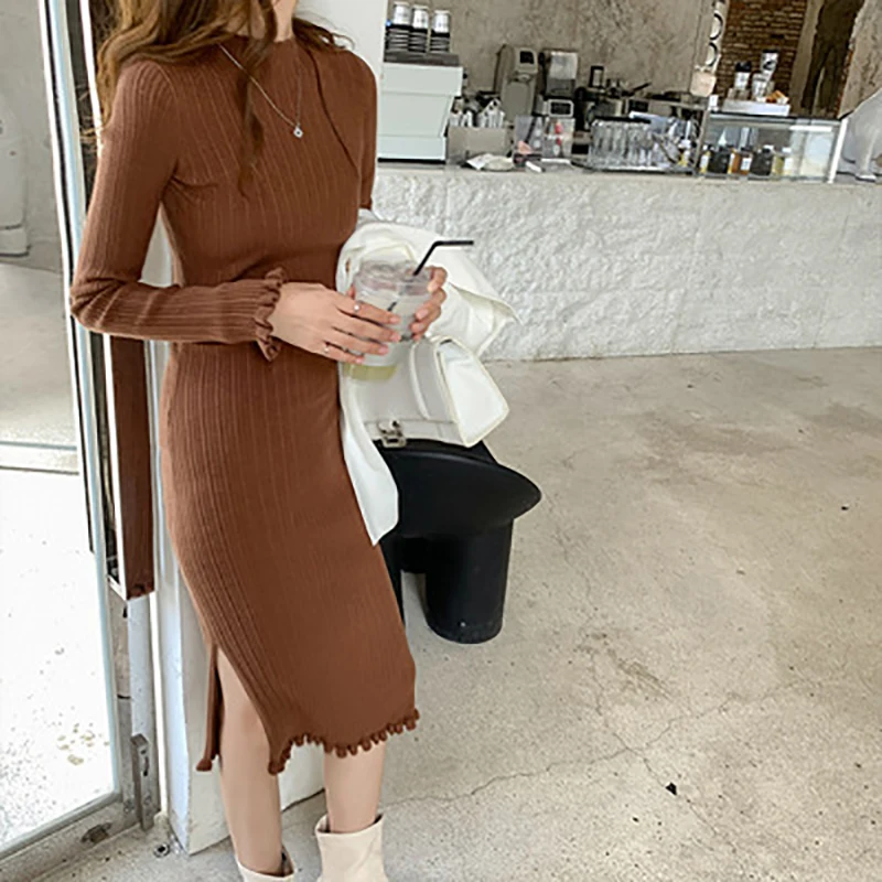 

Новинка Осень-Зима длинное вязаное платье-свитер с длинными рукавами с агарическими кружевами длиной до колен Осенняя модная одежда для же...