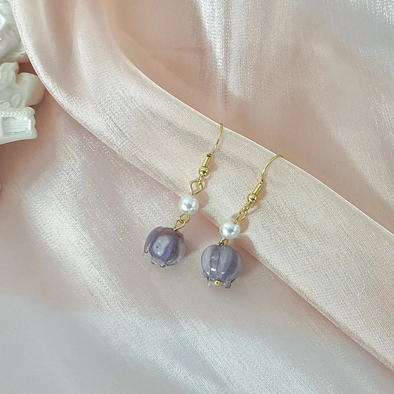 

LOVOACC French Purple Color Glass Flower Long Earrings for Women Lady Simulated Pearl Floral Hanging Dangle Earrings Pendientes