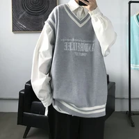 hip hop casual loose black couple knitted sweater fashion v neck plush college style mens vintage knitted vest trend harajuku