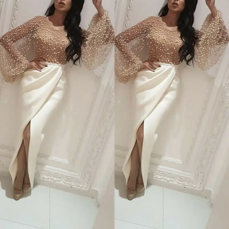 

Women High Split Dress Long Sleeve Pearl Beading Long Maxi Dress Elegant Woman Party Evening Asymmetry Formal Dresses