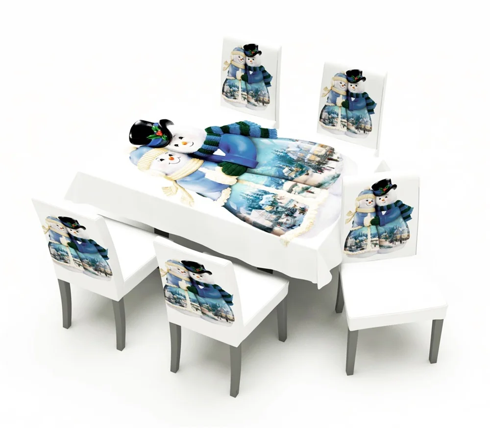 Рождественский декоративный чехол на стул стрейчевый со снеговиком для