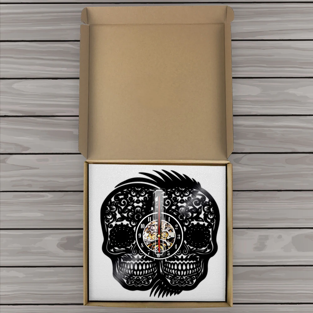 

Double Smile Skull Heads Halloween Wall Clock Skeleton Heads Vinyl Record Death Crossbones Decor Hanging Watch Christmas Gift