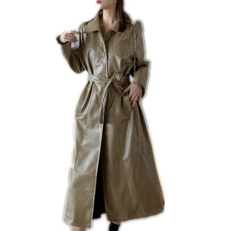 Тренчкот из искусственной кожи для женщин Длинная тонкая ветровка с поясом