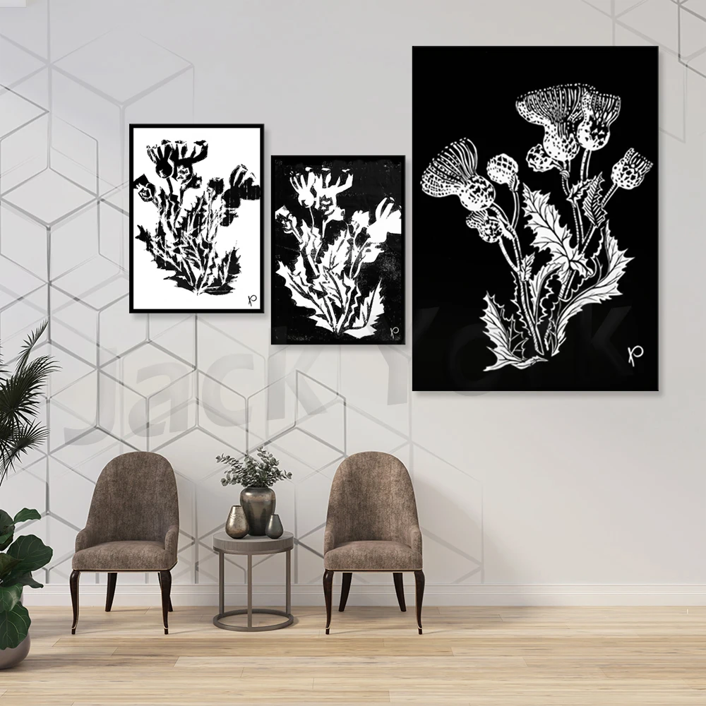 

Black and White Art Thorns Irish Thistle Imprint Minimalist Artwork Black Ink Graphic art Print Modern Floral wall art