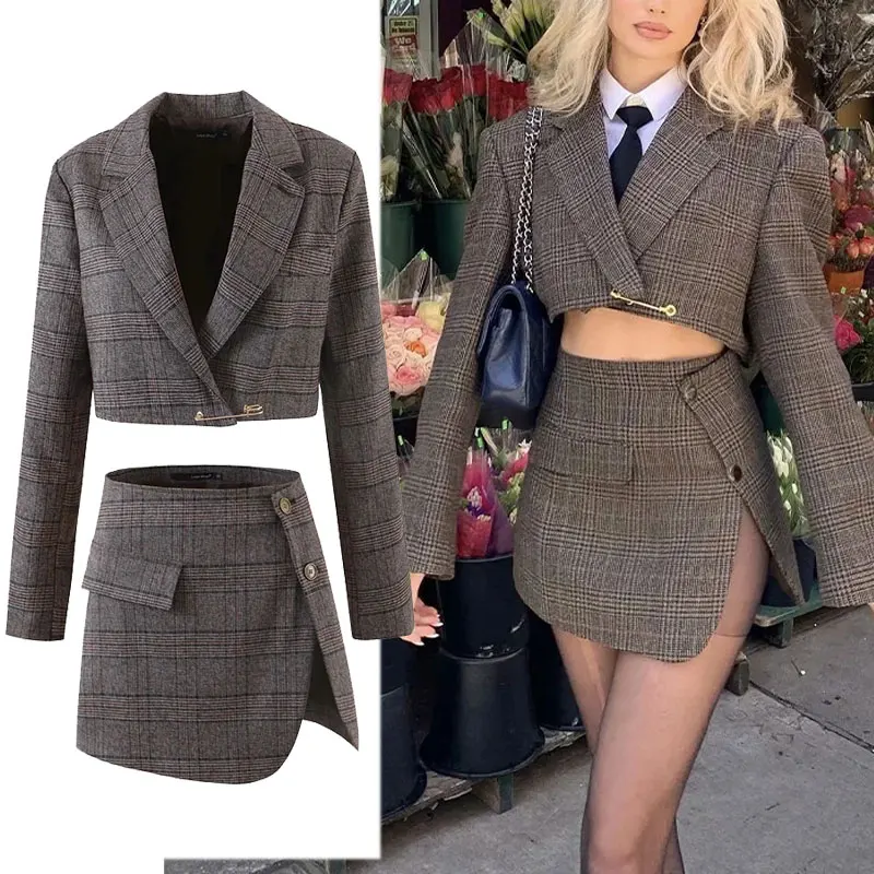 Za Two Piece Sets Women Suit 2021 Fashion Irregular Plaid Office Pin Cropped Blazer Tops+High-Waisted Side split Mini Skirt Set