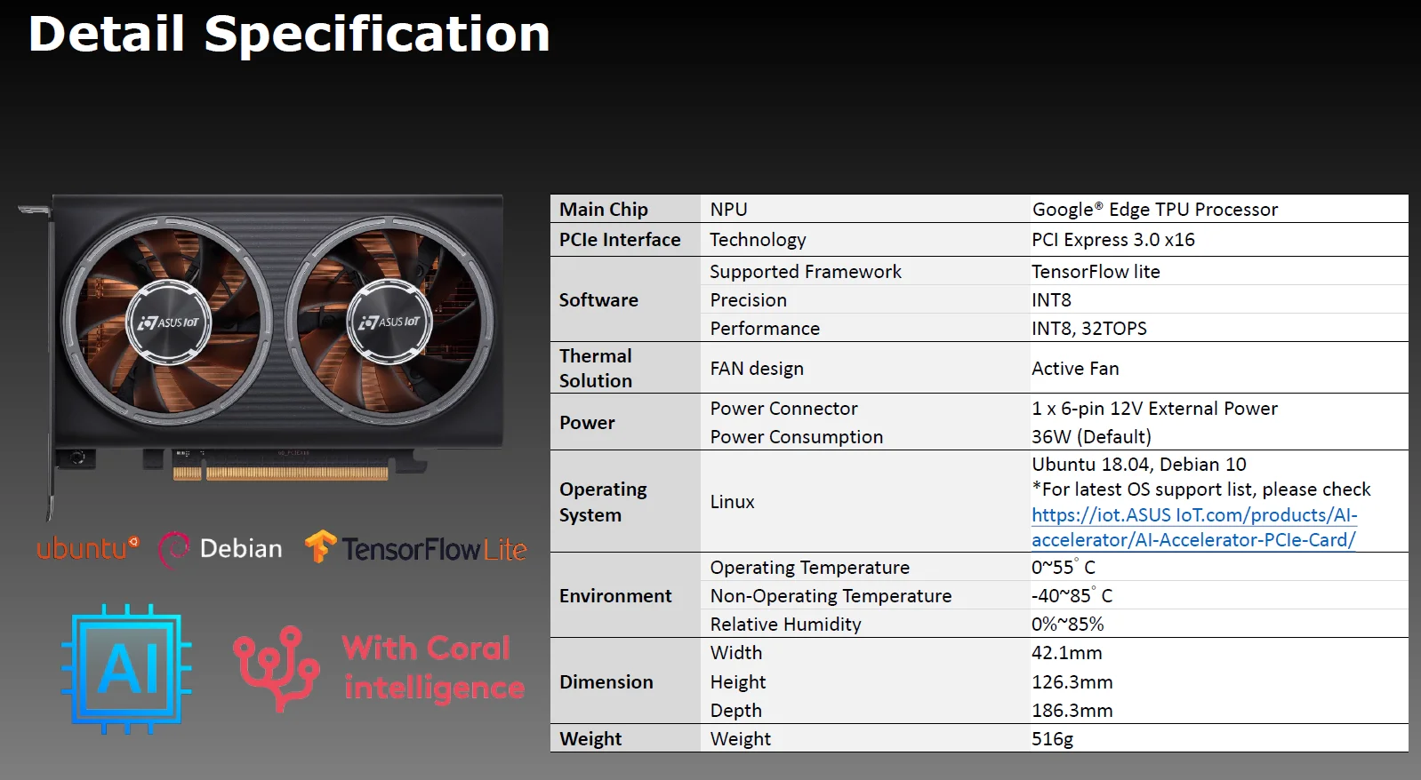ASUS AI Accelerator Card PCIe Gen3 Based on Google Coral Edge TPU Processor Enabling AI-Based Real-time Decision Process at Edg |