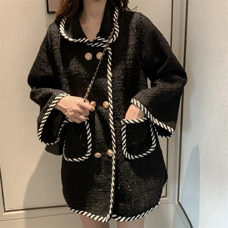 Возможно у женская черная твидовая двубортная Лоскутная Верхняя одежда на