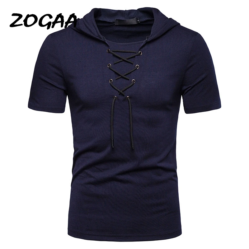 

Мужская летняя футболка ZOGAA, Однотонная рубашка с коротким рукавом, V-образным вырезом и галстуком, несколько цветов на выбор, 2020