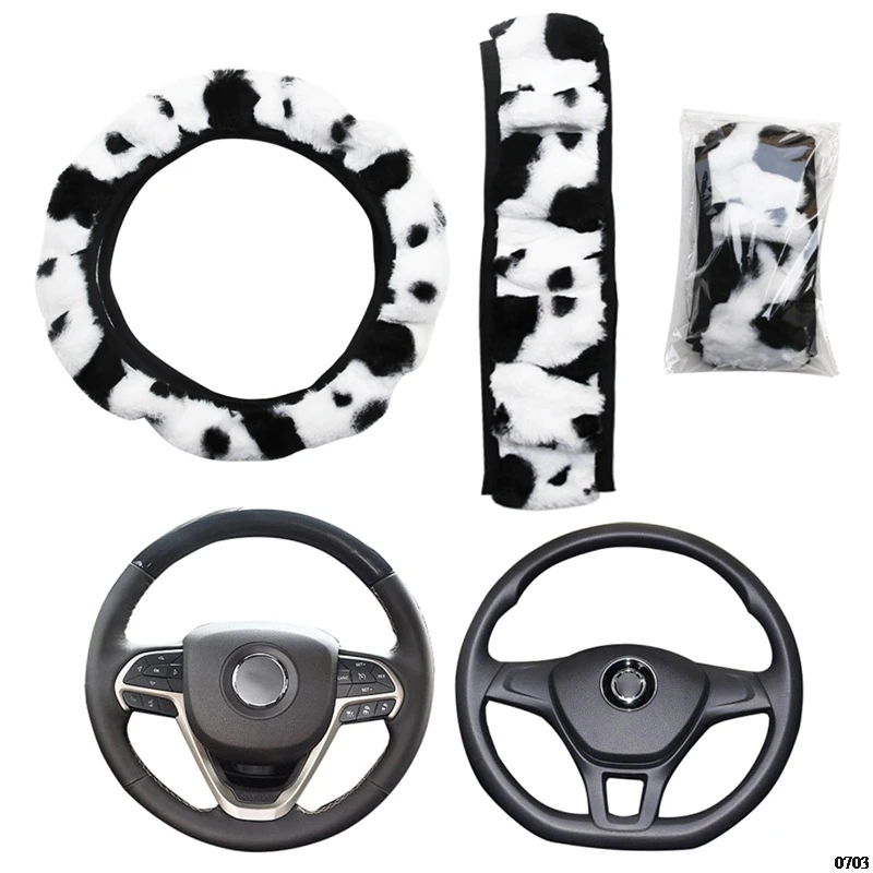 37-38 Medium Cow Steering Wheel Cover Car Fluffy General Type Wheel Cover For Woman Plush Dairy Cow Protecter Luxury Creative images - 6