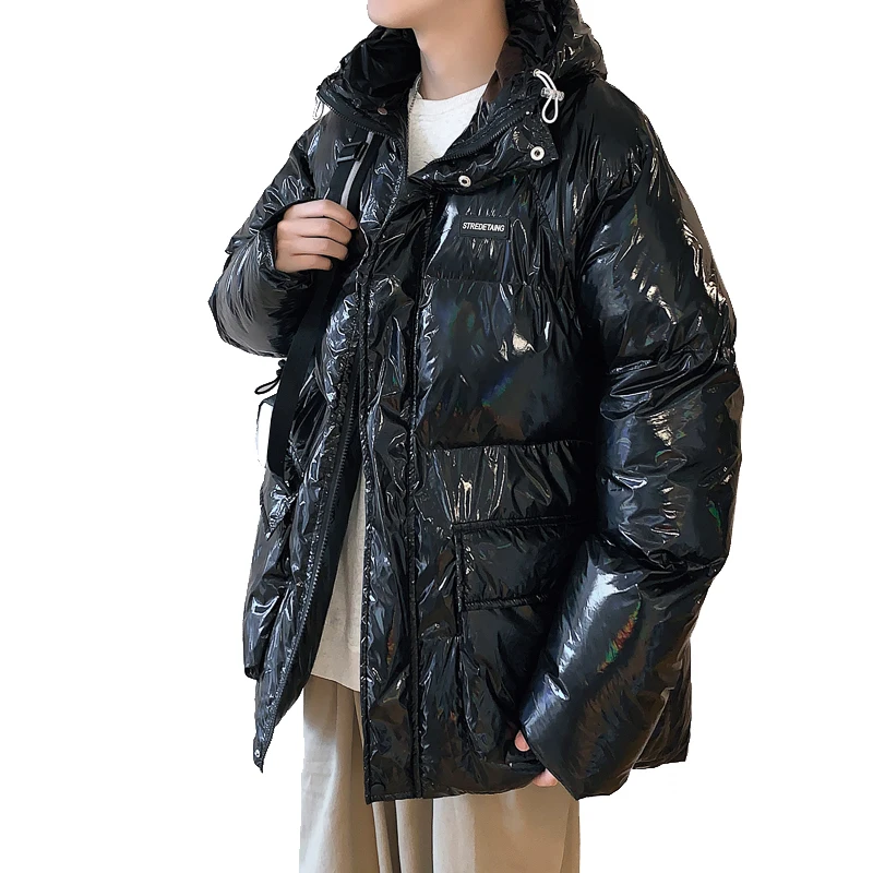 Hip Hop Oversized Mens Pu Leather Parkas Jacket Streetwear Harajuku Cotton Padded Warm Outwear