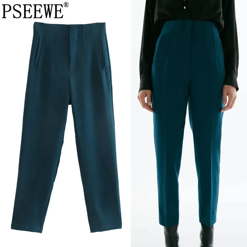 

PSEEWE Za Women Pants Navy Blue High Waist Pants Woman 2021 Black Green Streetwear Baggy Pants Fall Fashion Office Wear Trousers