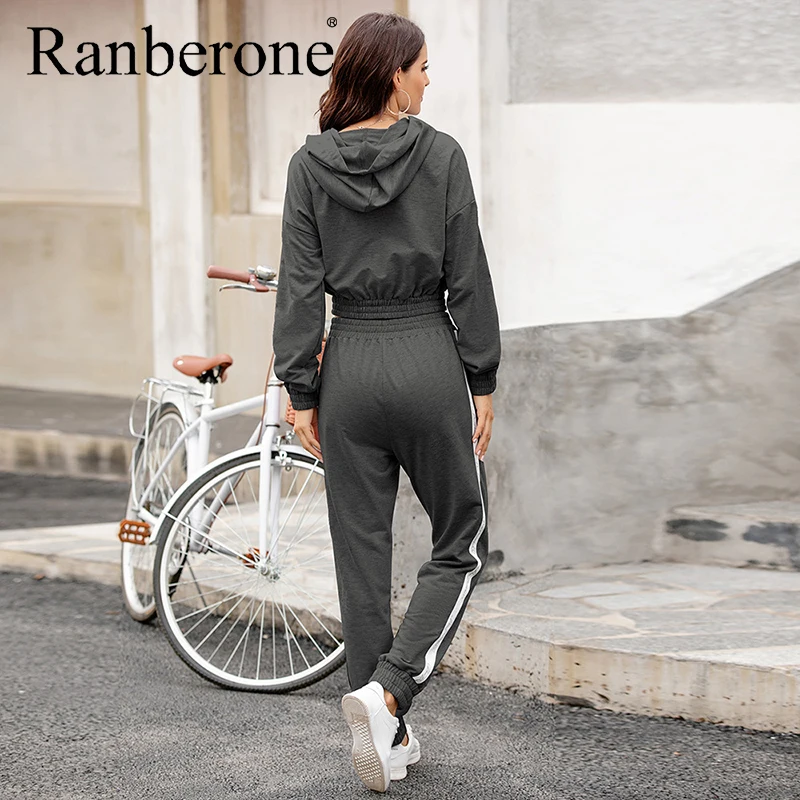 Ranberone Sport Suit Female Hooded Two Piece Set Crop Top And Pants Tracksuit Women Patchwork Suit Jogging Sport Matching Sets