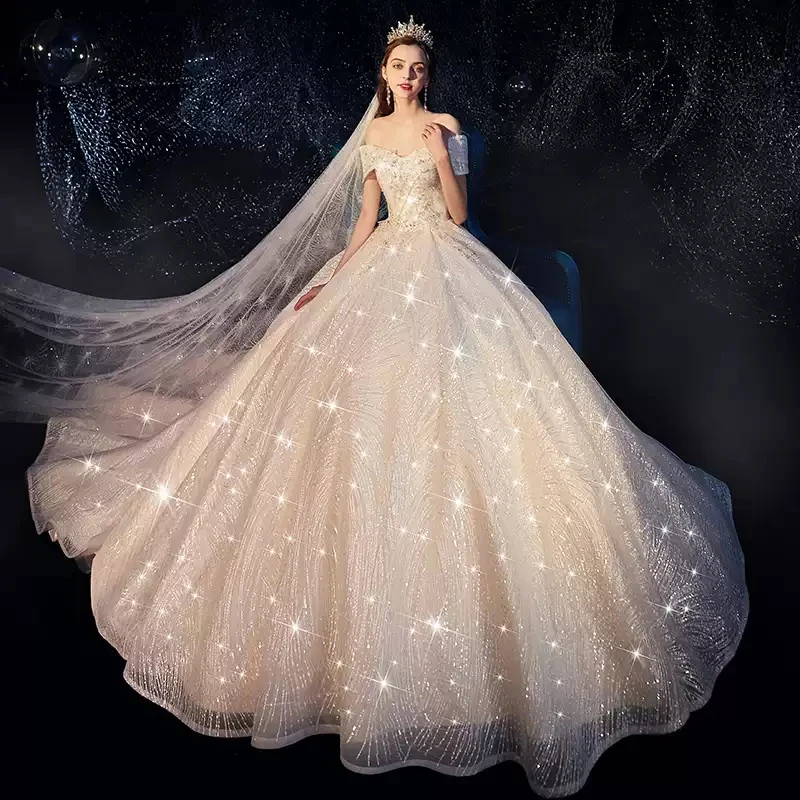 

Sequins Wedding Dress Empire Short Sleeve Pleat Floor-Length Lace Up Boat Neck Embroidery Plus Size Wedding Gowns For Women G464
