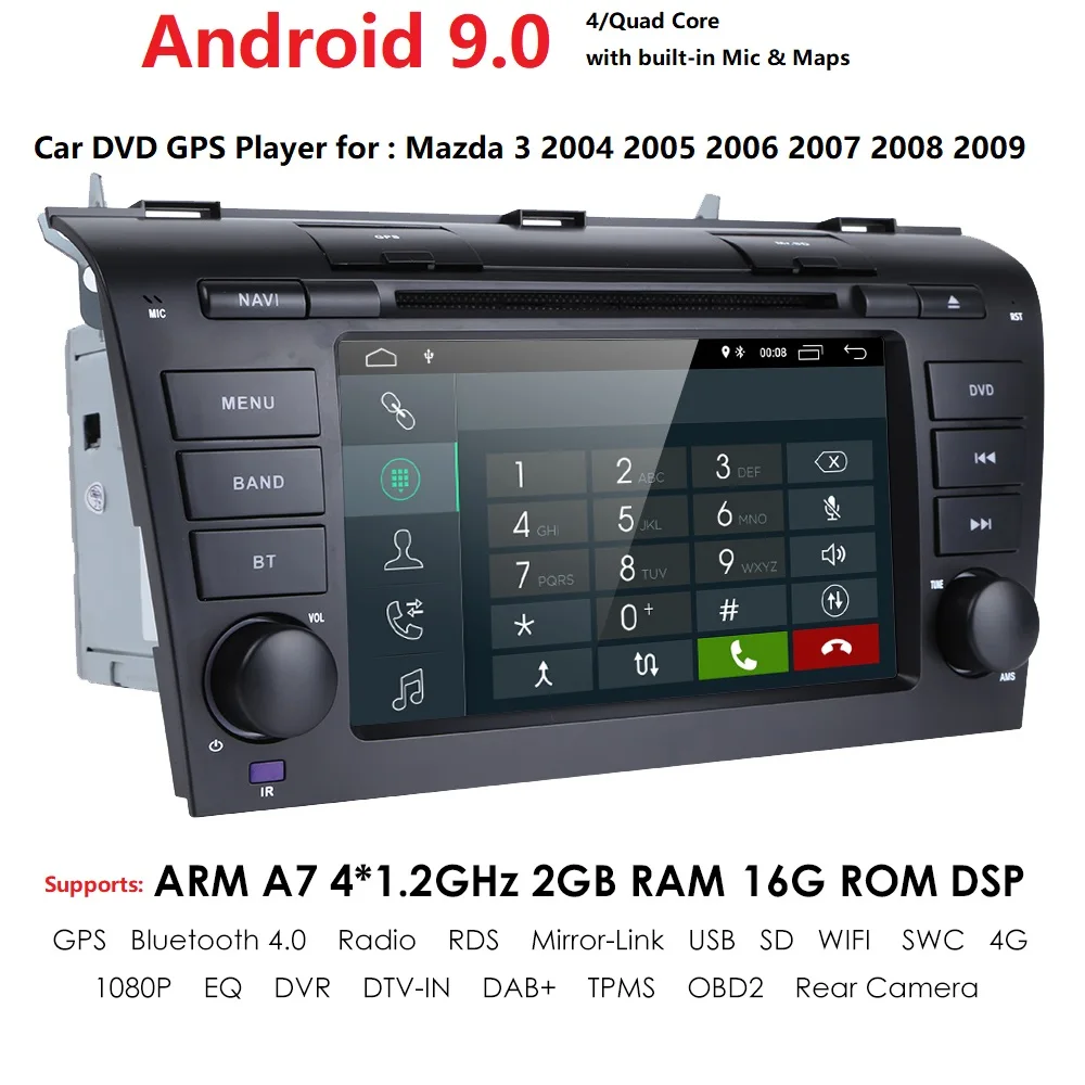 2DIN 1024*600 четырехъядерный Android9.0 подходит для Мазда 3 2004-2009 автомобильный монитор dvd-плеер навигация gps Радио canbus рулевое колесо DVR карта